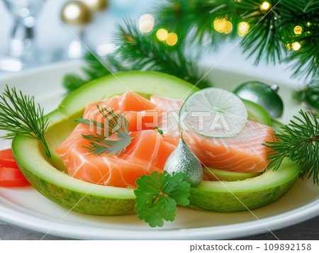 Close-Up of a Festive Plate Featuring Small Snack with Salmon and Cucumber, Adorned with Christmas Trees. Generative AI. 109892158