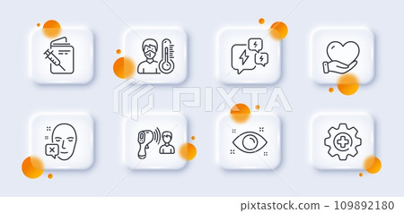 Thermometer, Vaccination passport and Stress line icons pack. 3d glass buttons with blurred circles. Volunteer, Electronic thermometer, Face declined web icon. Medicine, Health eye pictogram. Vector Thermometer, Vaccination passport and Stress line icons pack. 3d glass buttons with blurred circles. Volunteer, Electronic thermometer, Face declined web icon. Medicine, Health eye pictogram. Vector 109892180