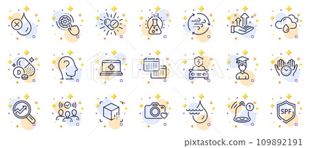 Outline set of Student, Chemistry lab and Medical drugs line icons for web app. Include Medical help, Reminder, No waterproof pictogram icons. Rainy weather, Analysis graph. Vector Outline set of Student, Chemistry lab and Medical drugs line icons for web app. Include Medical help, Reminder, No waterproof pictogram icons. Rainy weather, Analysis graph. Vector 109892191