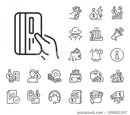 Hold Banking Payment card sign. Cash money, loan and mortgage outline icons. Credit card line icon. ATM service symbol. Payment card line sign. Credit card, crypto wallet icon. Vector Hold Banking Payment card sign. Cash money, loan and mortgage outline icons. Credit card line icon. ATM service symbol. Payment card line sign. Credit card, crypto wallet icon. Vector 109892207