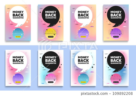 Money back guarantee tag. Poster frame with quote. Promo offer sign. Advertising promotion symbol. Money back guarantee flyer message with comma. Gradient blur background posters. Vector 109892208