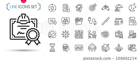 Pack of Court judge, Table knife and Stop shopping line icons. Include Charging cable, Zinc mineral, Discrimination pictogram icons. Dj controller, Certificate, Ranking star signs. Vector Pack of Court judge, Table knife and Stop shopping line icons. Include Charging cable, Zinc mineral, Discrimination pictogram icons. Dj controller, Certificate, Ranking star signs. Vector 109892214