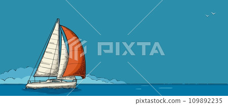 Sailing yacht. Sailboat. Vector drawn flat illustration for yacht club Sailing yacht. Sailboat. Vector drawn flat illustration for yacht club 109892235