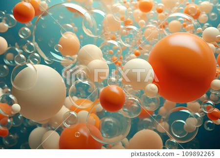 Abstract 3d rendering of multicolored bubble spheres on pastel background 109892265
