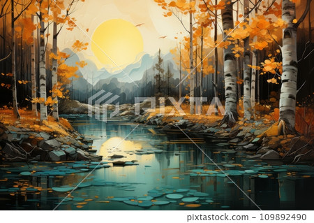 A quiet morning in a golden forest AI image 109892490