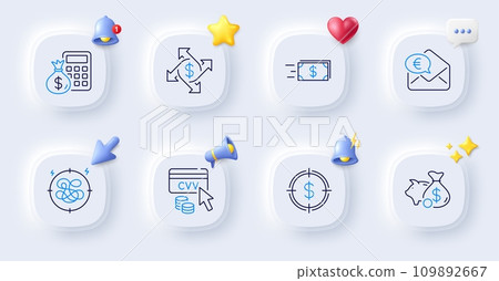 Dollar target, Stress and Money transfer line icons. Buttons with 3d bell, chat speech, cursor. Pack of Cvv code, Piggy bank, Euro money icon. Finance calculator, Payment exchange pictogram. Vector Dollar target, Stress and Money transfer line icons. Buttons with 3d bell, chat speech, cursor. Pack of Cvv code, Piggy bank, Euro money icon. Finance calculator, Payment exchange pictogram. Vector 109892667