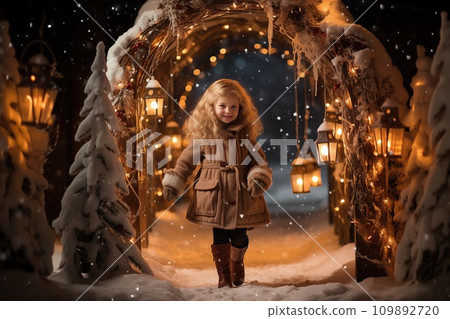 AI-generated content. Little adorable girl in Christmas decorated arch in winter 109892720