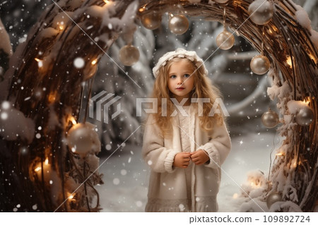 AI-generated content. Little adorable girl in Christmas decorated arch in winter AI-generated content. Little adorable girl in Christmas decorated arch in winter 109892724