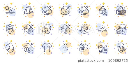 Outline set of Face cream, Problem skin and Sunscreen line icons for web app. Include Skirt, Vitamin h, Vitamin d pictogram icons. Collagen skin, Uv protection, T-shirt signs. Vector Outline set of Face cream, Problem skin and Sunscreen line icons for web app. Include Skirt, Vitamin h, Vitamin d pictogram icons. Collagen skin, Uv protection, T-shirt signs. Vector 109892725