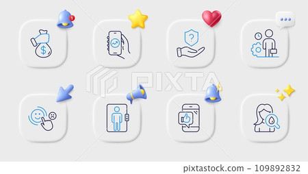 Elevator, Financial app and Mobile like line icons. Buttons with 3d bell, chat speech, cursor. Pack of Bribe, Protection shield, Customer satisfaction icon. Vector 109892832