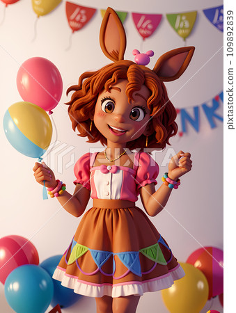 3D character of a dark-skinned girl with long ears and balloons having fun at a birthday party 109892839