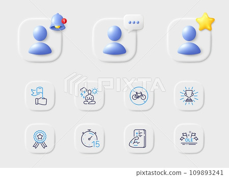 Yoga, Winner ribbon and Leadership line icons. Placeholder with 3d star, reminder bell, chat. Pack of Fitness, Ole chant, Bicycle prohibited icon. Timer, Trophy pictogram. Vector 109893241
