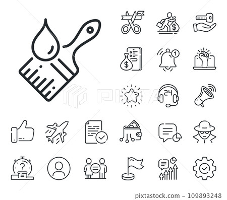 Wall paintbrush sign. Salaryman, gender equality and alert bell outline icons. Paint brush line icon. Creative drawing art symbol. Brush line sign. Spy or profile placeholder icon. Vector 109893248