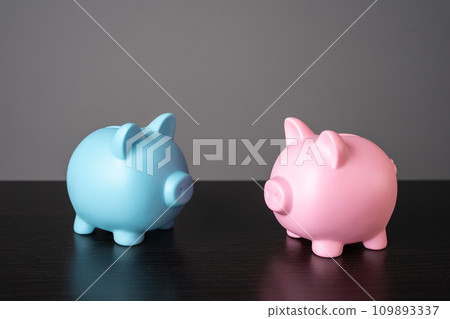 Two figurines piggy banks in blue and pink colors. Concept of budgets for love partners or family. Minimalism and abstraction. Starting a life together and a shared budget. Finances in relationships Two figurines piggy banks in blue and pink colors. Concept of budgets for love partners or family. Minimalism and abstraction. Starting a life together and a shared budget. Finances in relationships 109893337
