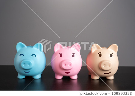Three lucky piggy banks. Savings and deposit banking. Healthy economy. Diversification of investments and savings. Banking. Good conditions from the bank. 109893338