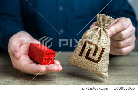 Ship container and israeli shekel money bag. Trade and delivery. Distribution logistics worldwide. Transportation and freight of goods and cargo through ports or overland routes. Ship container and israeli shekel money bag. Trade and delivery. Distribution logistics worldwide. Transportation and freight of goods and cargo through ports or overland routes. 109893360