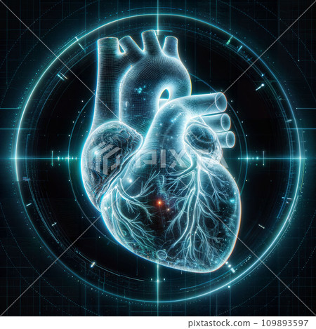 Holographic illustration of human heart. Generative AI. Holographic illustration of human heart. Generative AI. 109893597