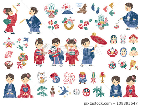 新年男女穿著和服新年賀卡材料圖示插圖集 109893647