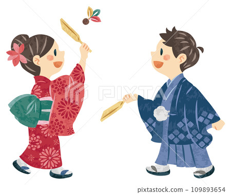 穿著和服、戴著羽毛的男人和女人的新年插畫 穿著和服、戴著羽毛的男人和女人的新年插畫 109893654