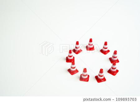 Circle of traffic cones. Localize the danger. Safety. Life and health insurance. Protection of property and business. Reliable data security system. Internet and network technologies. 109893703