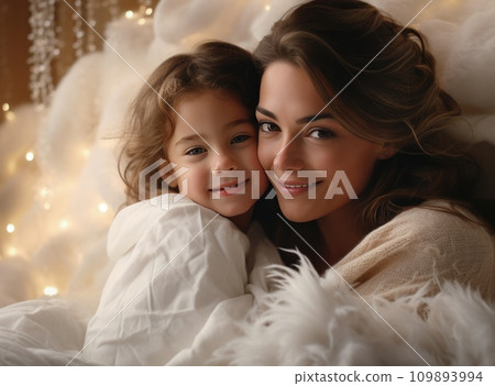 her daughter cuddling in a white sweater 109893994