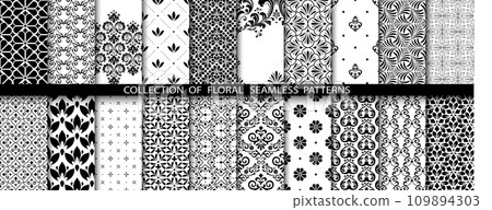 Geometric floral set of seamless patterns. White and black vector backgrounds. Damask graphic ornaments. 109894303