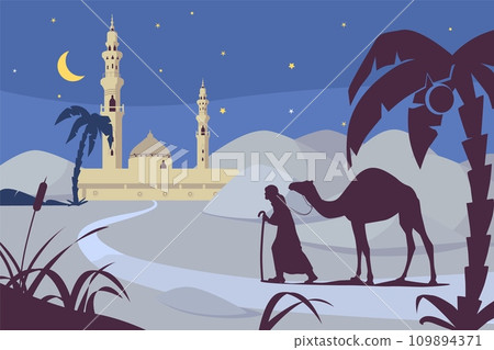 Flat illustration of person with camel at the desert 109894371