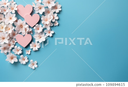 flowers arranged on a blue background with hearts placed on them flowers arranged on a blue background with hearts placed on them 109894615