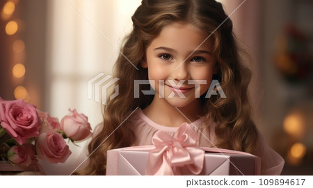 little girl holding a gift box with pink roses 109894617