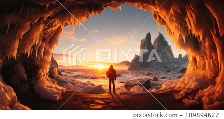 photographer taking photo of sun setting behind some ice cavern 109894627
