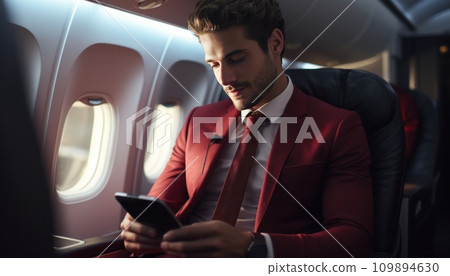 man checks a phone while sitting on an airplane 109894630