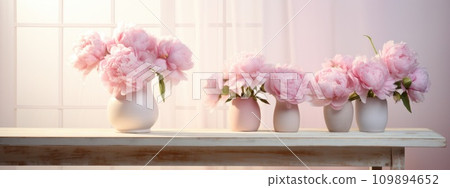 pink peonies on a table on a light colored floor 109894652