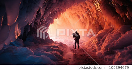 photographer taking photo in the ice cave in easter island, lapland photographer taking photo in the ice cave in easter island, lapland 109894679