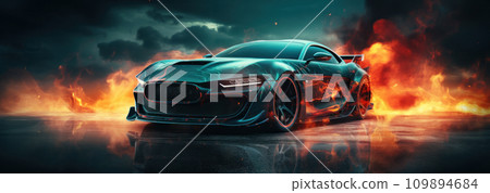 fire rages behind black racing car in the night 109894684