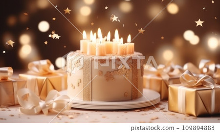 cake with candles and gifts 109894883