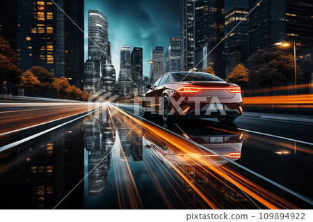 Cars running in the city at night "AI generated image" 109894922