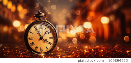 Concept of lack of time, time is running out. Old clock against the background of the night sky with stars. Philosophical image of space-time measurement. 109894923