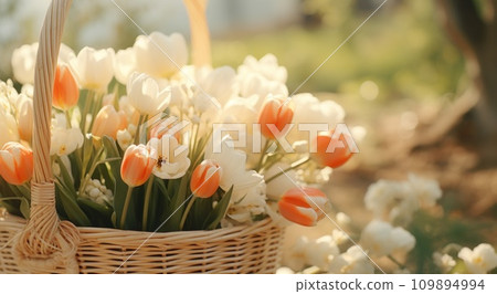 bouquet of white tulips in a basket bouquet of white tulips in a basket 109894994