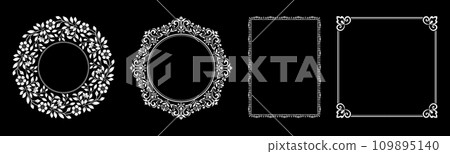 Set of decorative frames Elegant vector element for design in Eastern style, place for text. Floral black and white borders. Lace illustration for invitations and greeting cards. Set of decorative frames Elegant vector element for design in Eastern style, place for text. Floral black and white borders. Lace illustration for invitations and greeting cards. 109895140