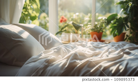 a white bed in front of a large window a white bed in front of a large window 109895373