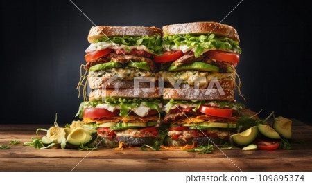 a stack of sandwiches is on top of a board 109895374
