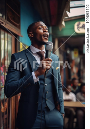 an african man in a suit holding a microphone an african man in a suit holding a microphone 109895502