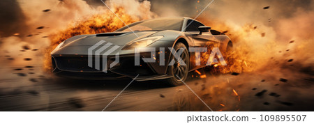 a sports car is burning out of control 109895507