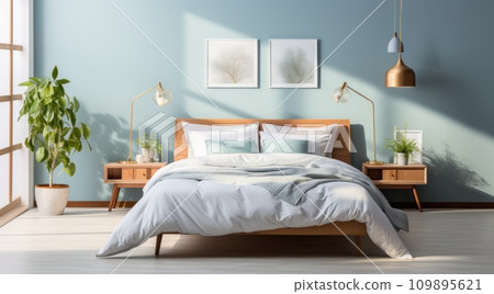 a blue and white bedroom with white bedding and pillows a blue and white bedroom with white bedding and pillows 109895621