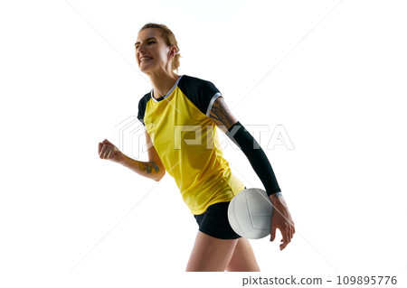 Champion. Portrait of young woman, volleyball player in uniform showing emotions of success, win isolated over white background. Sport, active and healthy lifestyle Champion. Portrait of young woman, volleyball player in uniform showing emotions of success, win isolated over white background. Sport, active and healthy lifestyle 109895776