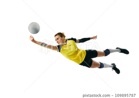 Competitive young woman, volleyball player training, practicing isolated over white background. Sport, active and healthy lifestyle 109895787