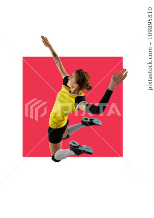 Young woman in uniform playing volleyball, hitting ball in a jump isolated over white background with red element. Sport, active and healthy lifestyle. Poster 109895810