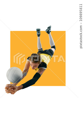 Young woman in uniform playing volleyball isolated over white background with yellow element. Dynamics, scoring goal. Sport, active and healthy lifestyle. Poster Young woman in uniform playing volleyball isolated over white background with yellow element. Dynamics, scoring goal. Sport, active and healthy lifestyle. Poster 109895811