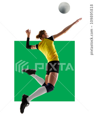 Young athletic woman in uniform playing volleyball isolated over white background with green element. Sport, active and healthy lifestyle. Poster Young athletic woman in uniform playing volleyball isolated over white background with green element. Sport, active and healthy lifestyle. Poster 109895818