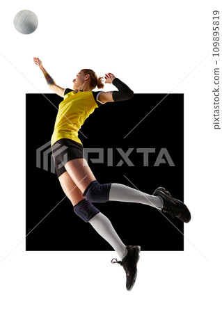 Young woman in uniform playing volleyball isolated over white background with black element. Sport, active and healthy lifestyle. Poster Young woman in uniform playing volleyball isolated over white background with black element. Sport, active and healthy lifestyle. Poster 109895819